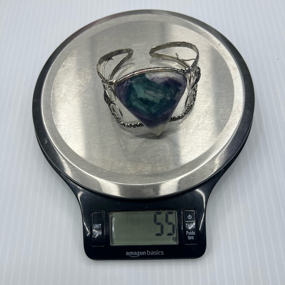 925 Sterling Silver Rainbow Fluorite Pear Shaped Gemstone Boho Cuff Bracelet - Picture 8 of 12